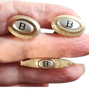 Shields Fifth Ave Gold & Silver Monogram "B" Cufflinks and Tie Clip Set-Vintage